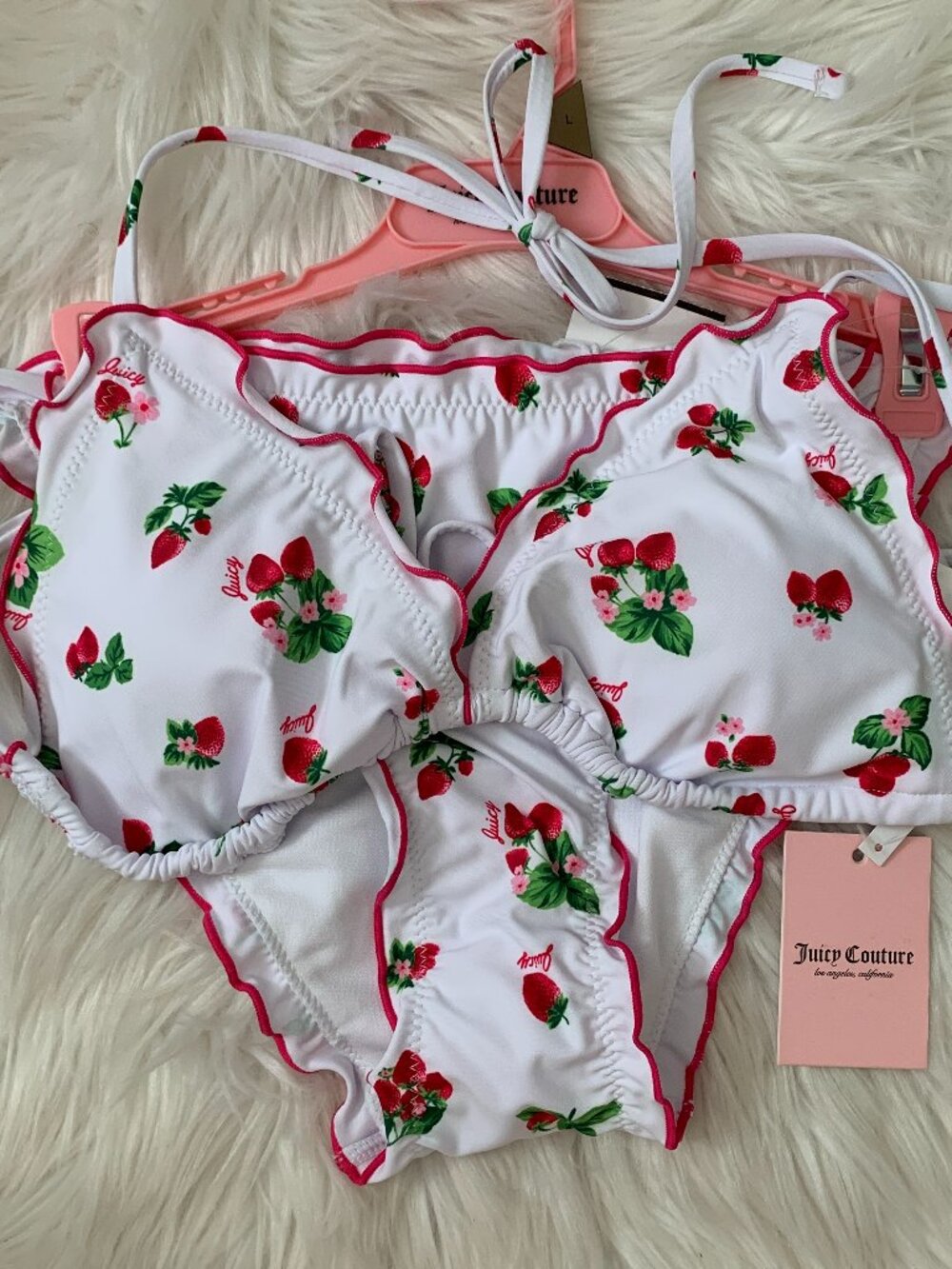 JUICY COUTURE Strawberry Lettuce Trim Triangle String Bikini Set Sz LARGE